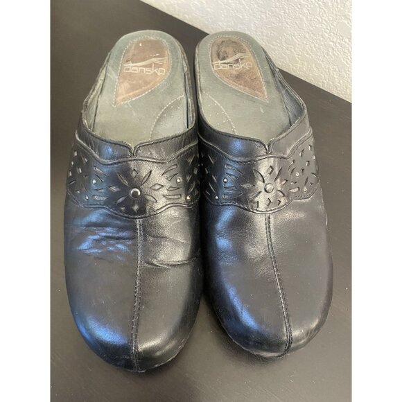 Dansko Skylar Floral Laser Black Leather Womens Size 41 10.5 Cutout‎ Clogs Mules - Picture 3 of 10
